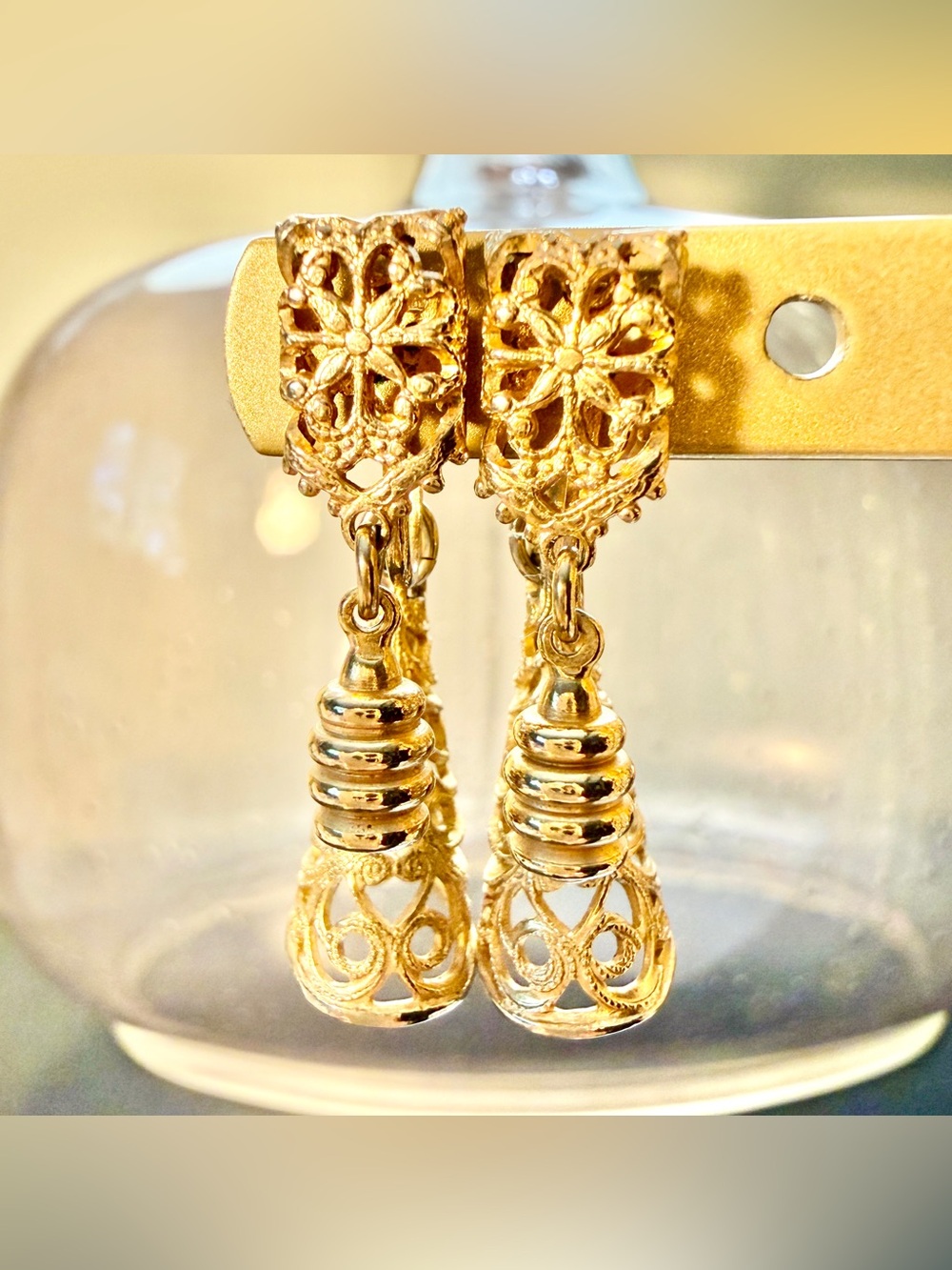 Vintage Mid Century Victorian Inspired Gold Tone Filigree Drop Earrings